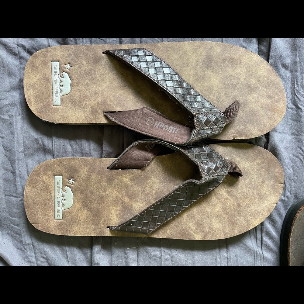 California Republic size 13, flip flops, only worn in the house. Like new.